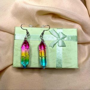 Wire Wrapped Rainbow Quartz Point Dangle Earrings